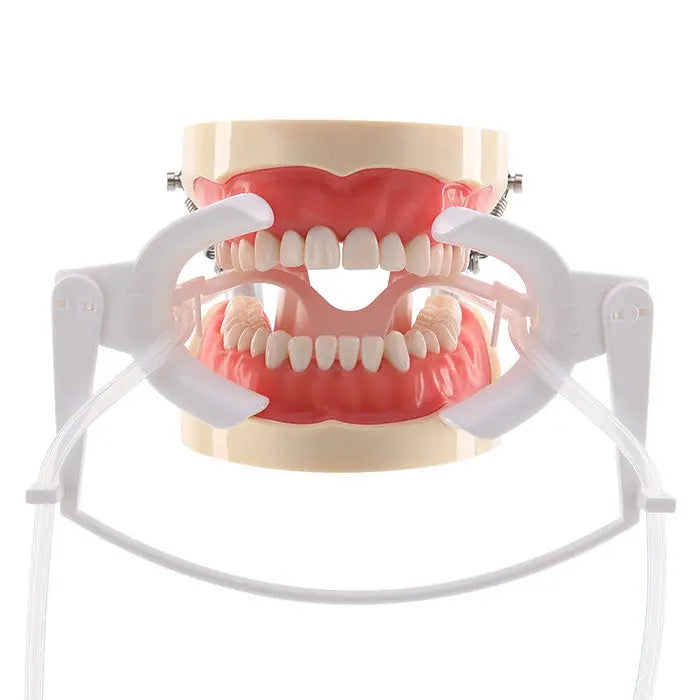 Dental Adjustable Orthodontics Nola Cheek Retractor With Dry Field System White/Green shown on dental model, featuring white plastic frame, adjustable mouth opener, and saliva suction tubes for various oral treatments and procedures