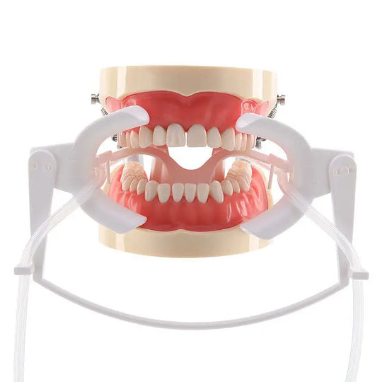 Dental Adjustable Orthodontics Nola Cheek Retractor With Dry Field System White/Green shown on dental model, featuring white plastic frame, adjustable mouth opener, and saliva suction tubes for various oral treatments and procedures