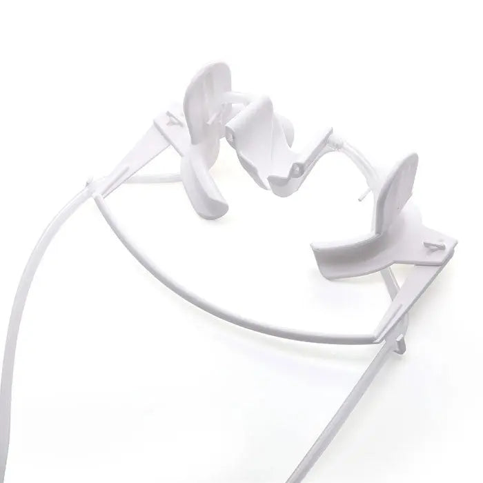 Dental Adjustable Orthodontics Nola Cheek Retractor with Dry Field System in white, featuring a curved support frame, tongue guard, and cheek retractors. The device is designed for comfortable patient experience and efficient dental procedures, visible against a plain background.