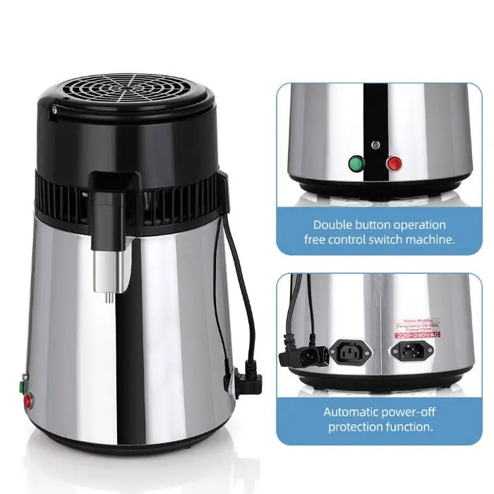 Water Distiller Stainless Steel Glass Bucket Double button 750W 4L 1L/H MediFocal