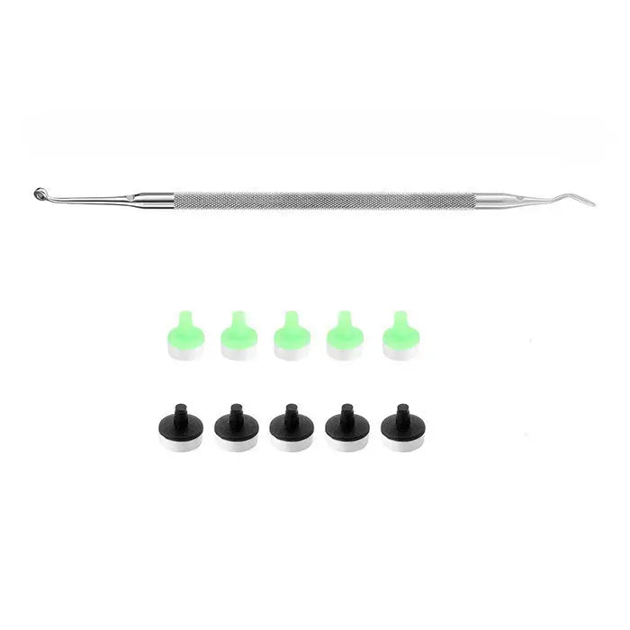 Dental Resin Filling Tools Kit with silver metal spatula tool and green and black foam pads for composite light cure holder, part of dental cavity filling equipment set