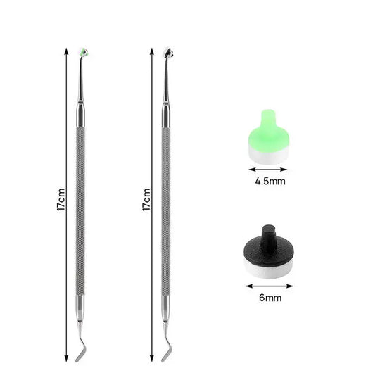 Dental Resin Filling Tools Kit components: two 17cm metal tools with curved tips, green 4.5mm applicator tip, and black 6mm attachment. Essential parts of Composite Light Cure Holder Quick Foam Pad Handle for precise dental cavity filling.