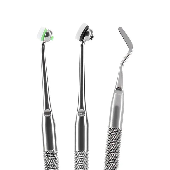 Dental Resin Filling Tools Kit featuring three stainless steel instruments: two with foam pads on curved tips and one angled spatula with textured handle, essential for composite light cure dental procedures