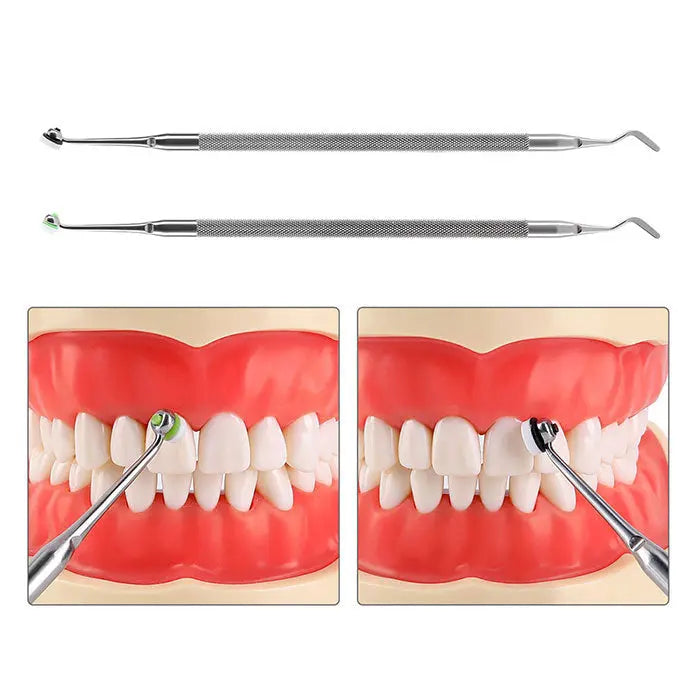 Dental Resin Filling Tools Kit with two dental instruments and diagrams showing their use on teeth models. Tools feature long metal handles with curved ends for precise cavity filling and resin application in dental procedures.