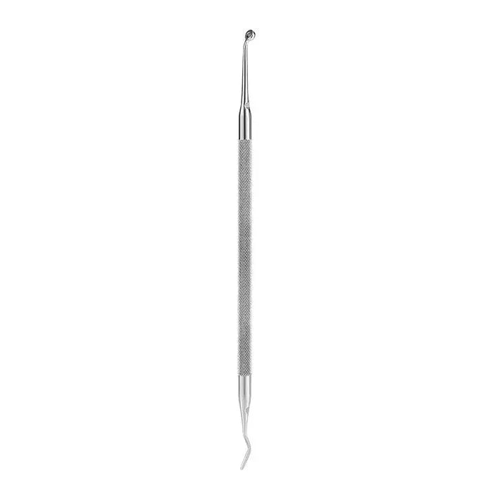 Dental Resin Filling Tools Kit: Close-up of a sleek, silver dental instrument with a long textured handle and curved ends for precise cavity filling and resin application, part of a comprehensive kit for dental professionals.