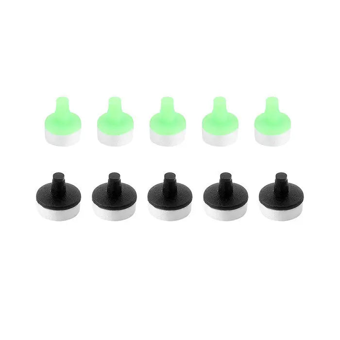 Dental Resin Filling Tools Kit components: Two rows of five foam pads each, green-tipped on top and black-tipped on bottom, for composite light cure holder and quick application in dental procedures.