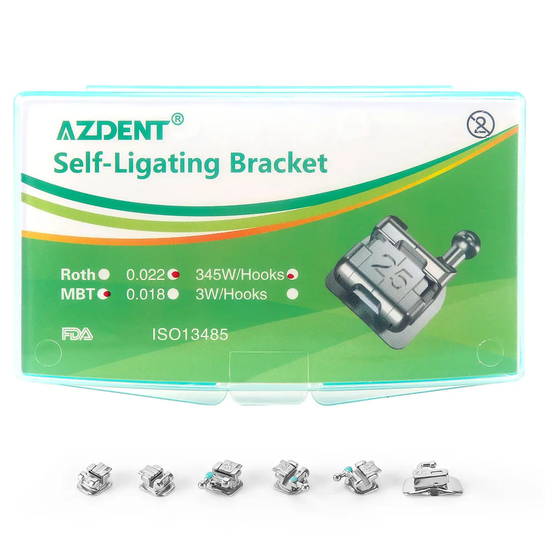 Dental Metal Self Ligating Brackets Mini MBT .022 Hooks on 345 24pcs/Kit: AZDENT Self-Ligating Bracket package with product details and multiple bracket sizes displayed. Green packaging with brand logo and FDA certification visible.