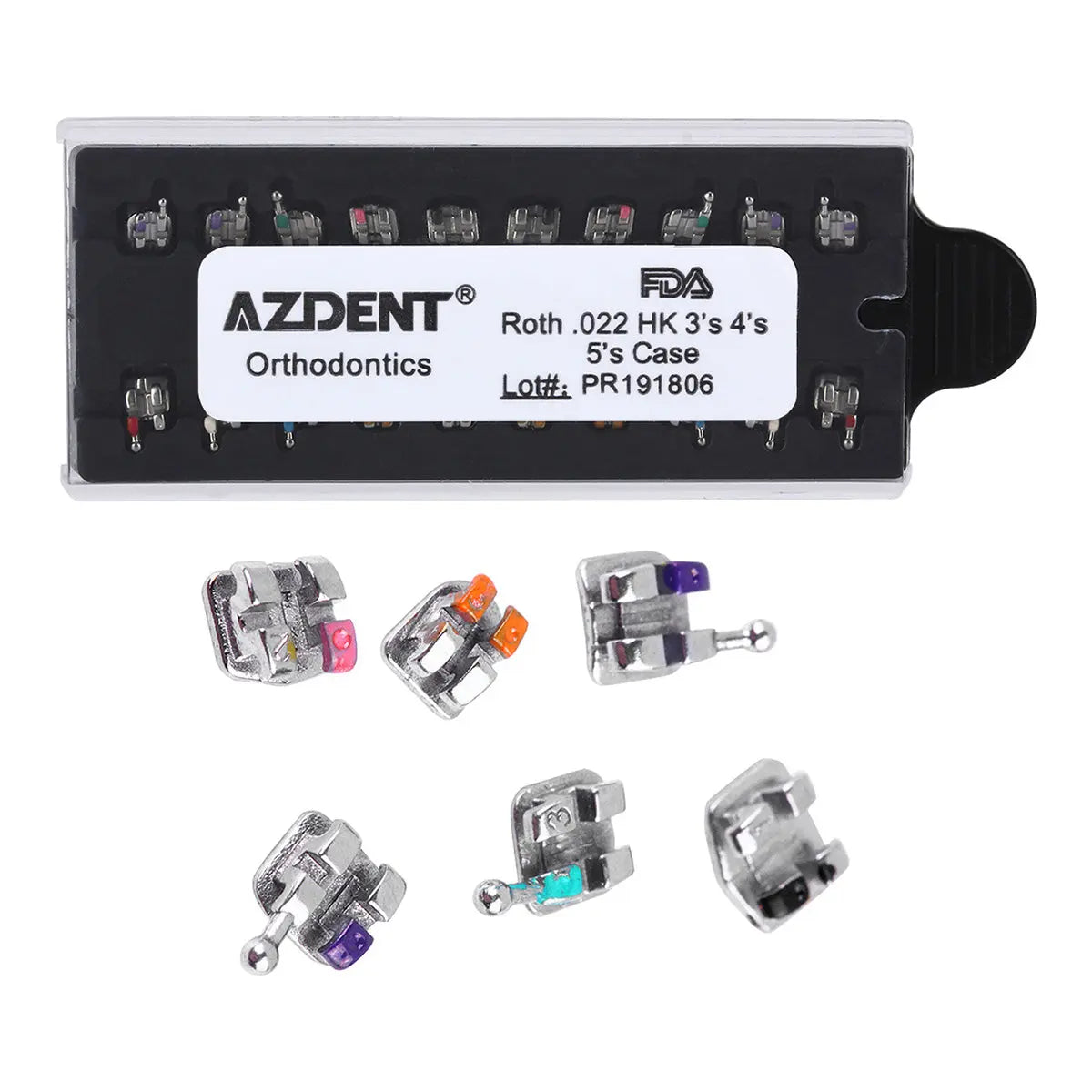 Dental Metal Brackets Monoblock Mini Roth .022 Hooks on 345 20pcs/Kit displayed in clear plastic case with AZDENT Orthodontics label. Six individual metal brackets with colorful attachments shown below, demonstrating various hook positions and designs for orthodontic treatment.