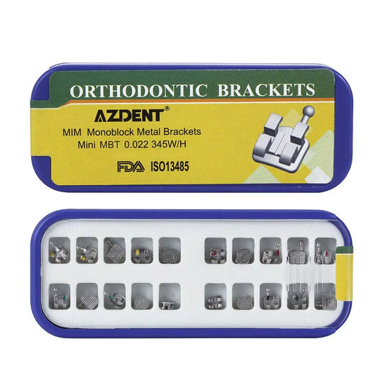 Dental Metal Brackets MIM Monoblock Mini MBT 0.022 Hooks on 345 20pcs/Kit - Orthodontic brackets set in blue-bordered case. Top compartment shows product details, bottom displays 20 metal brackets arranged in rows. FDA approved, AZDENT brand.