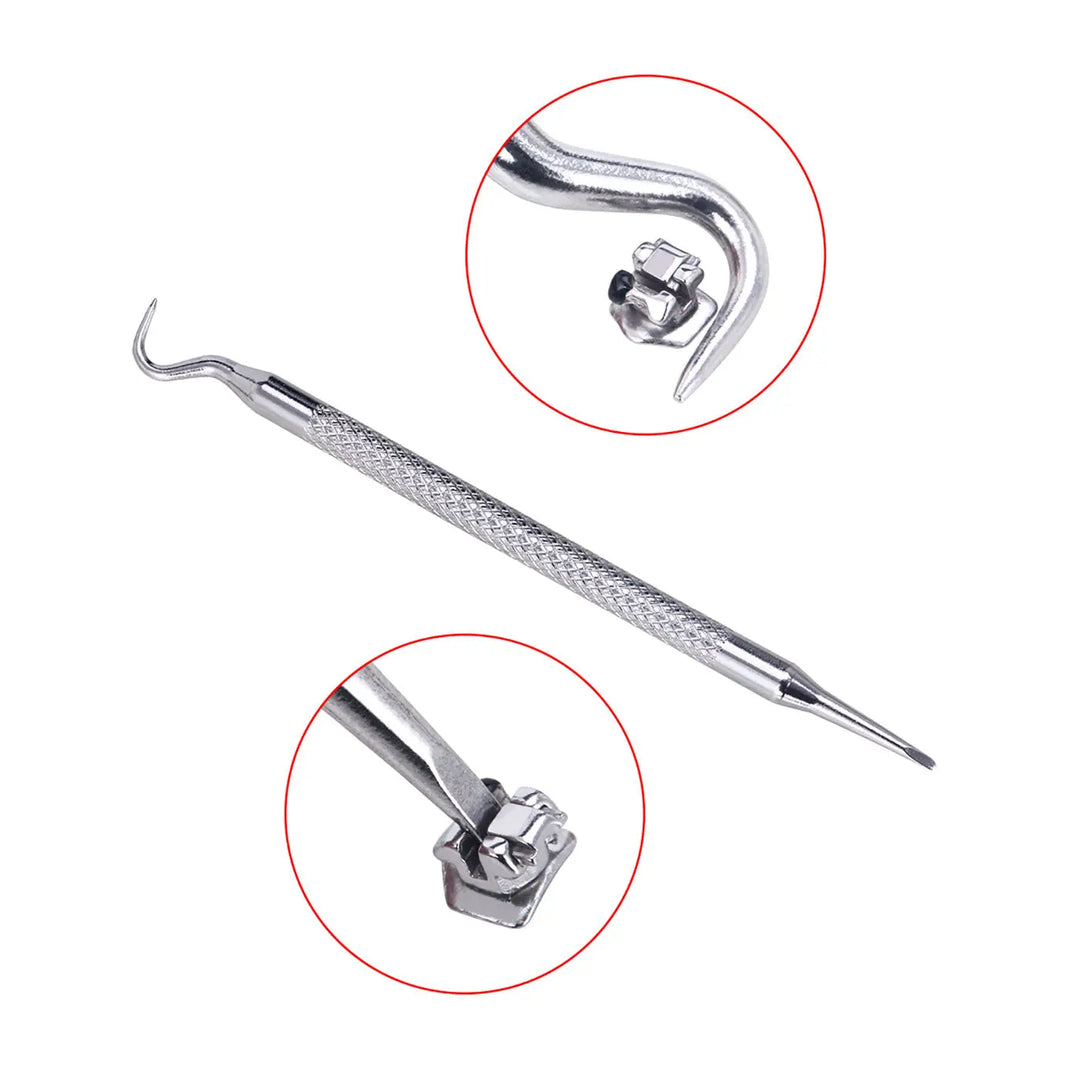 Dental Metal Self-Ligating Brackets tool with close-up views of bracket attachments, showcasing curved hook and square slot designs for efficient orthodontic treatment and patient comfort