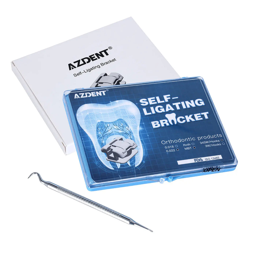 Dental Metal Self-Ligating Brackets MBT .022 Hooks kit with AZDENT packaging, blue case displaying tooth diagram, and dental tool. Orthodontic product for efficient treatment and patient comfort.