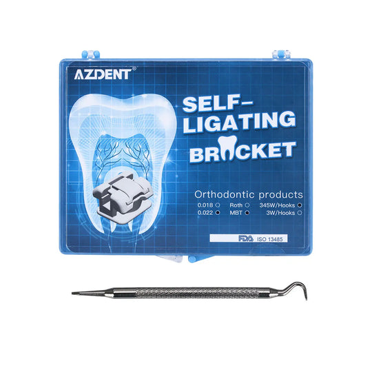 Dental Metal Self-Ligating Brackets MBT .022 Kit: Blue case displaying orthodontic self-ligating bracket inside illustrated tooth. AZDENT brand logo visible. Orthodontic tool shown below. Professional dental equipment for efficient teeth alignment.