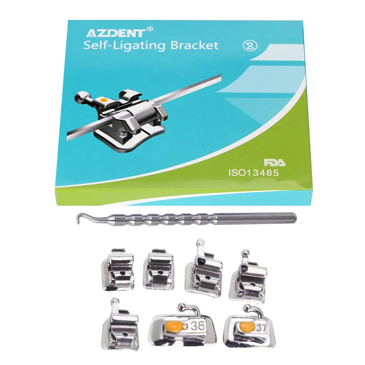 Dental Metal Self Ligating Brackets kit with AZDENT brand packaging, showing a blue and green box, metal brackets, and orthodontic tools for Mini Roth .022 system with hooks on 345 and buccal tube, 28pcs per kit