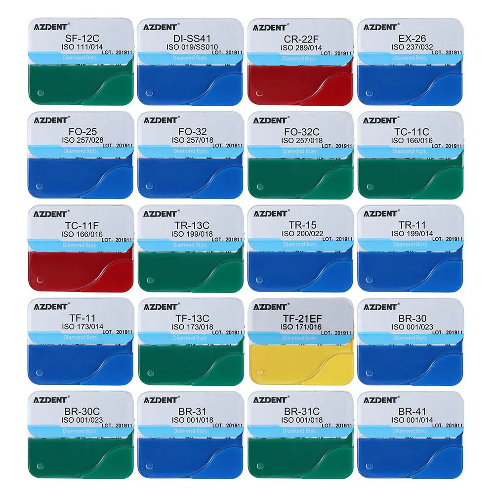 100pcs Dental Diamond Burs FG 1.6MM 20 Fixed Types 20 Boxs/Kit: Colorful assortment of dental diamond bur boxes displaying various types and models, organized in a grid layout with product labels visible on each box.