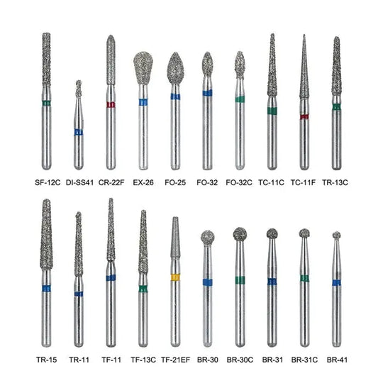 100pcs Dental Diamond Burs FG 1.6MM 20 Fixed Types 20 Boxs/Kit showcasing various dental bur shapes and sizes. Image displays 20 different types of diamond-coated dental burs with color-coded bands, arranged in two rows for easy identification and comparison.