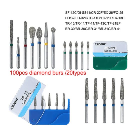 100pcs Dental Diamond Burs FG 1.6MM 20 Fixed Types 20 Boxs/Kit: Various dental diamond burs displayed, including different shapes and sizes. Multiple bur types shown in organized sets with color-coded bands. Product packaging visible with type labels.