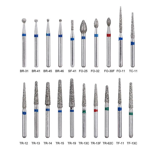 Various dental diamond burs from 100pcs Dental Diamond Burs FG 1.6MM 20 Model/Kit, displaying different shapes and sizes for high-speed handpieces, including ball round, taper round, flame ogival, and straight flat end types, with color-coded bands for easy identification.