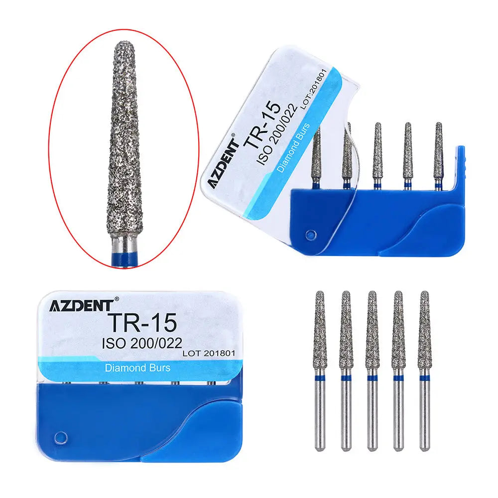 100pcs Dental Diamond Burs FG 1.6MM 20 Model/Kit: Close-up of diamond dental burs in blue plastic holders, showing various shapes and sizes. One bur enlarged in red circle. AZDENT brand packaging visible.