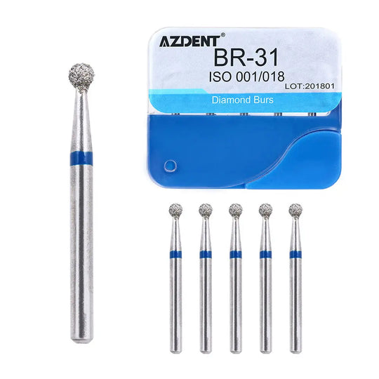 100pcs Dental Diamond Burs FG 1.6MM 20 Model/Kit: AZDENT BR-31 diamond burs displayed in packaging and as individual instruments. Silver metal shafts with blue bands and spherical diamond-coated tips for dental procedures.