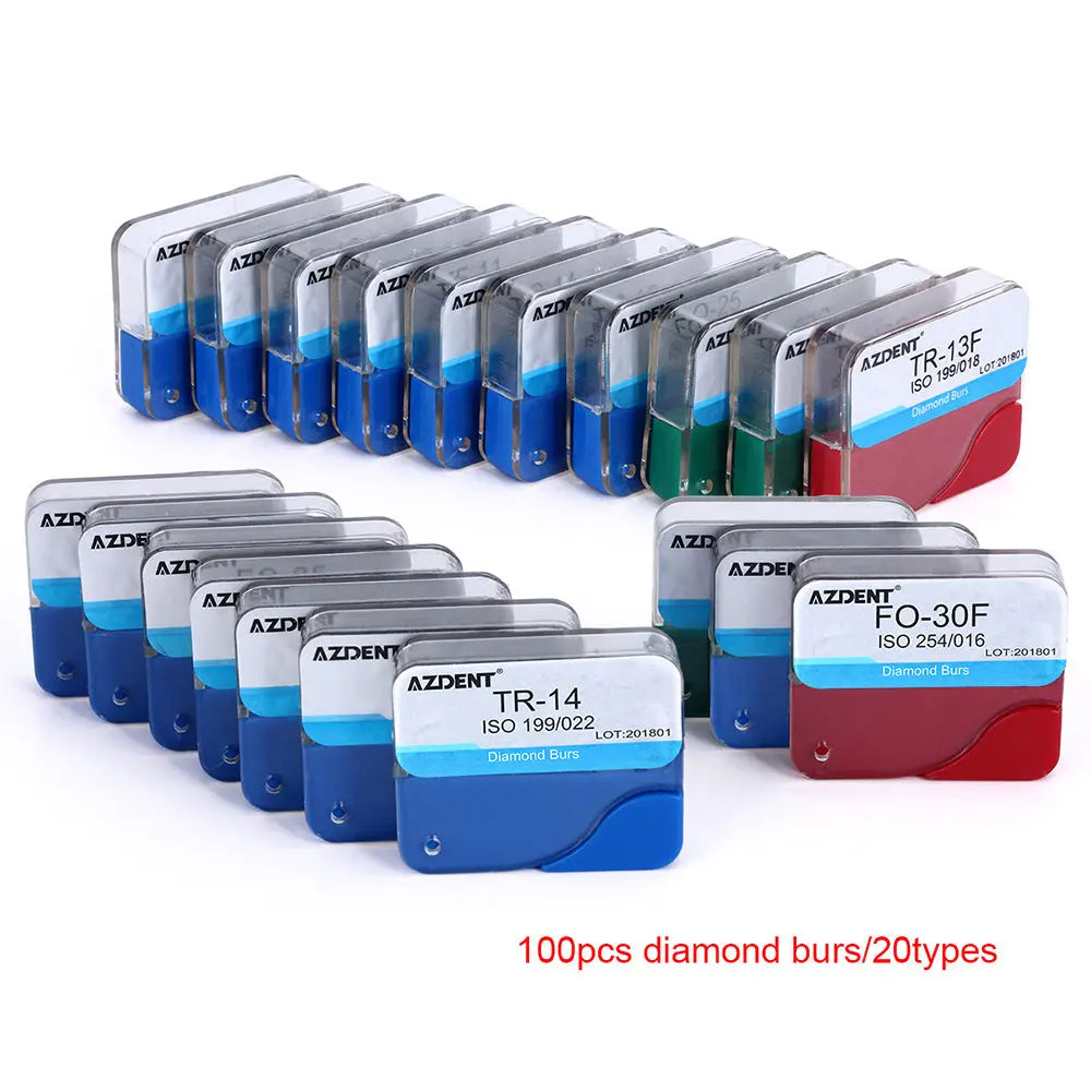 100pcs Dental Diamond Burs FG 1.6MM 20 Model/Kit displayed in multiple clear plastic cases with blue and red labels, showing various dental bur types like TR-14 and FO-30F for high-speed handpieces, arranged in rows for easy identification and selection.