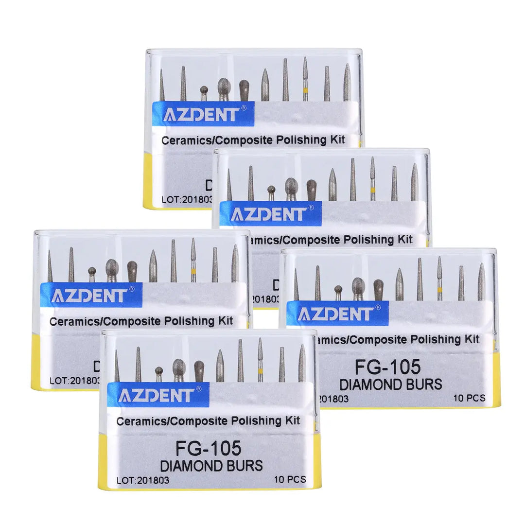 Dental Diamond Bur FG-105 Ceramics/Composite Polishing Kit 10pcs/Kit displayed in five AZDENT branded boxes, each containing various diamond-tipped dental burs for trimming and finishing ceramics and composites. The kit includes 10 different bur shapes and sizes for professional dental procedures.