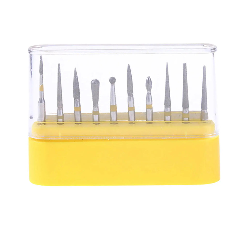 Dental Diamond Bur FG-105 Ceramics/Composite Polishing Kit 10pcs/Kit displayed in a yellow base with clear cover. Ten precision dental burs with various tip shapes for trimming and finishing, arranged neatly in a row, showcasing the diverse tools included in this professional dental kit.