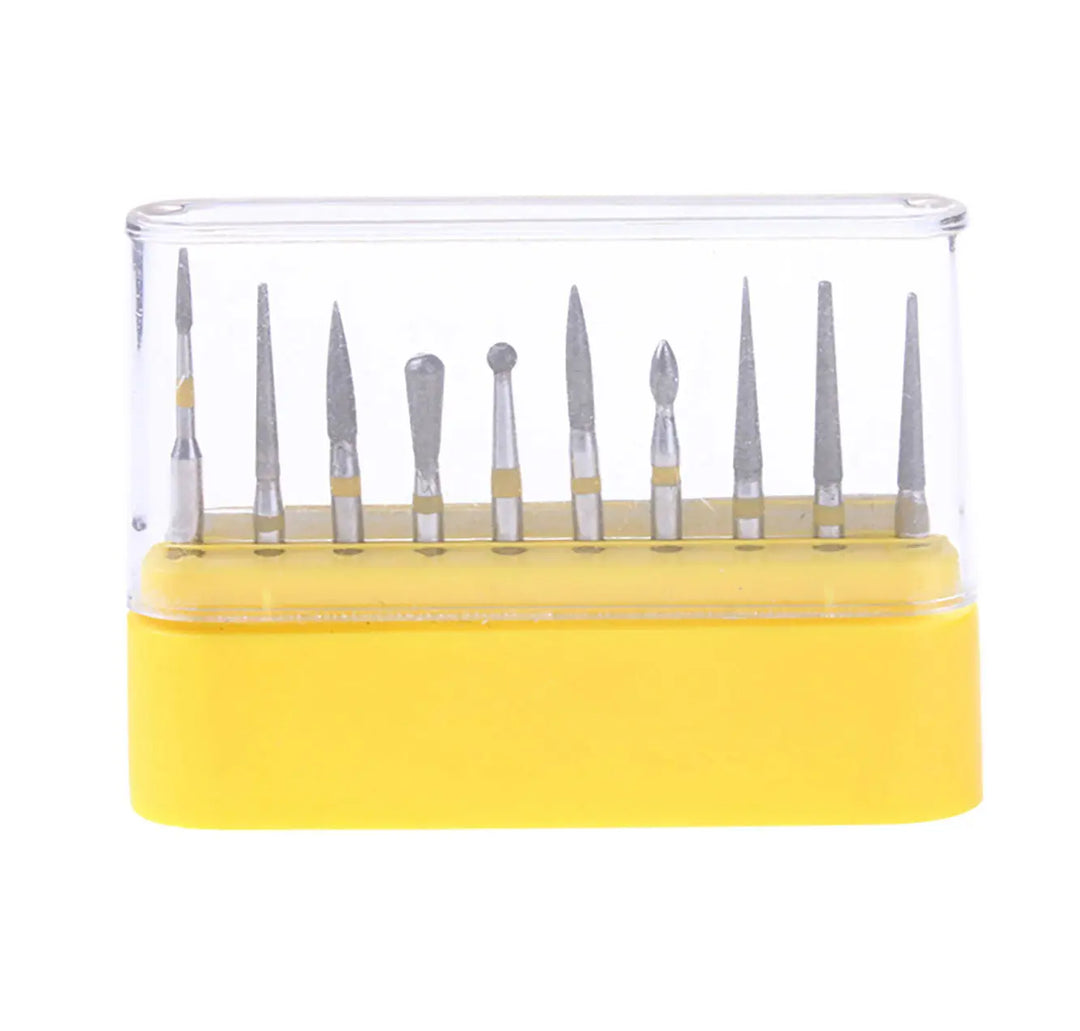 Dental Diamond Bur FG-105 Ceramics/Composite Polishing Kit 10pcs/Kit displayed in a yellow base with clear cover. Ten precision dental burs with various tip shapes for trimming and finishing, arranged neatly in a row, showcasing the diverse tools included in this professional dental kit.