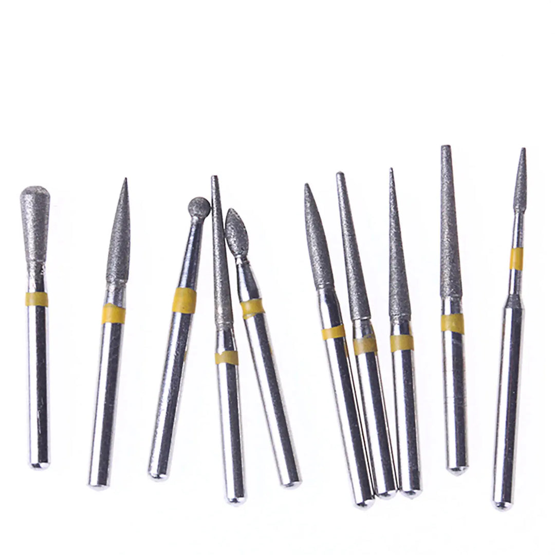 Dental Diamond Bur FG-105 Ceramics/Composite Polishing Kit 10pcs/Kit, showing various shaped diamond-tipped burs with yellow bands, arranged in a row on white background for dental trimming and finishing procedures.