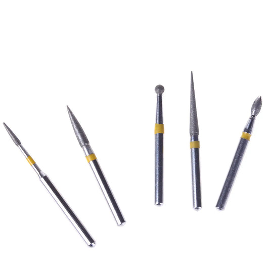 Dental Diamond Bur FG-105 Ceramics/Composite Polishing Kit 10pcs/Kit featuring five precision dental burs with various tip shapes and sizes, including round, pointed, and flame-shaped heads, each with a yellow band for easy identification, designed for professional dental polishing and shaping procedures.