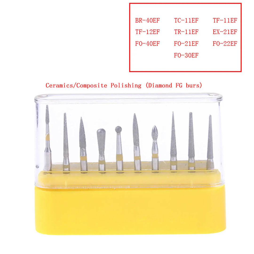 Dental Diamond Bur FG-105 Ceramics/Composite Polishing Kit 10pcs/Kit featuring various bur types for dental procedures. Yellow base holder with clear plastic cover displaying 10 assorted diamond-tipped dental burs for precise polishing and trimming of ceramics and composites.