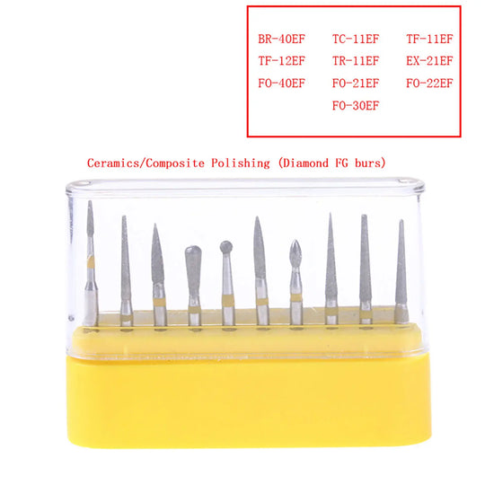 Dental Diamond Bur FG-105 Ceramics/Composite Polishing Kit 10pcs/Kit featuring various bur types for dental procedures. Yellow base holder with clear plastic cover displaying 10 assorted diamond-tipped dental burs for precise polishing and trimming of ceramics and composites.