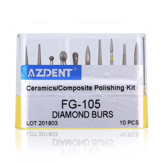 Dental Diamond Bur FG-105 Ceramics/Composite Polishing Kit, 10-piece set of diamond-tipped dental burs in various shapes and sizes for trimming and finishing, displayed in a clear plastic case with blue and yellow labels indicating AZDENT brand and product details.