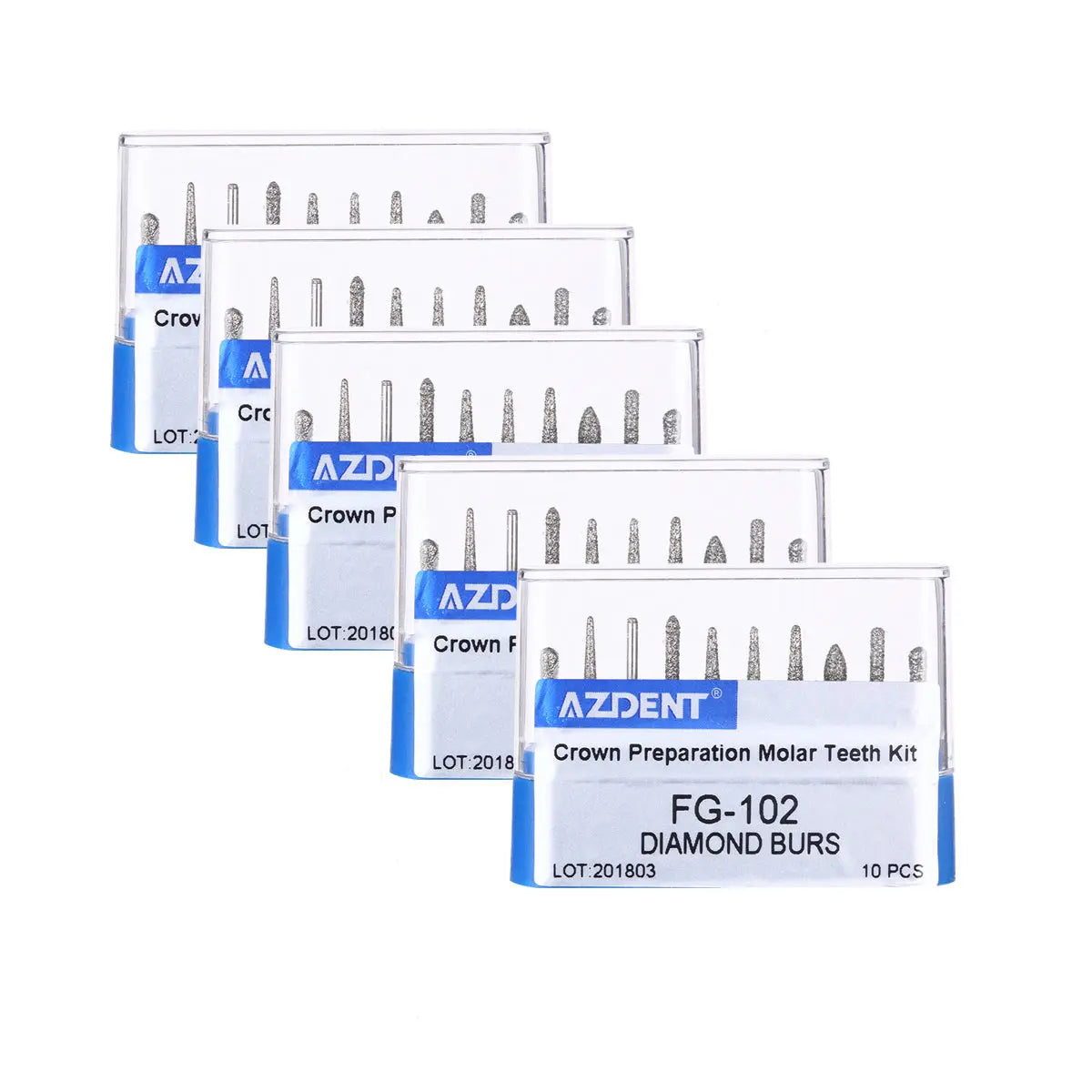 Dental Diamond Bur FG-102 Crown Preparation Molar Teeth Kit 10pcs/Kit - Five transparent plastic cases displaying assorted dental diamond burs for crown preparation, labeled AZDENT FG-102 with blue text, showcasing various bur shapes and sizes for molar teeth procedures