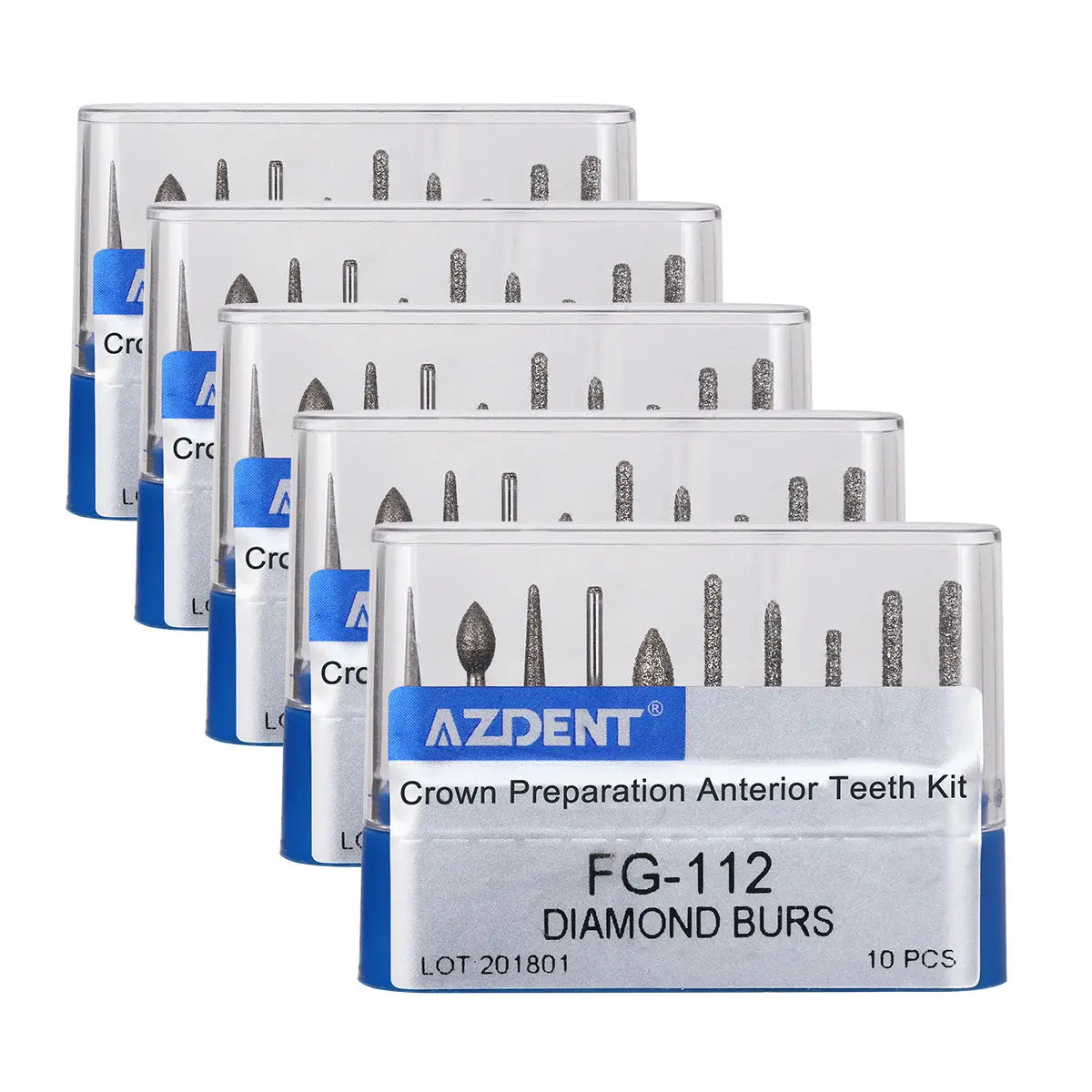 Dental Diamond Bur FG-112 Crown Preparation Anterior Teeth Kit 10pcs/Kit displayed in five stacked transparent cases, each containing 10 diamond burs of various shapes for dental procedures, labeled with AZDENT brand and FG-112 model number