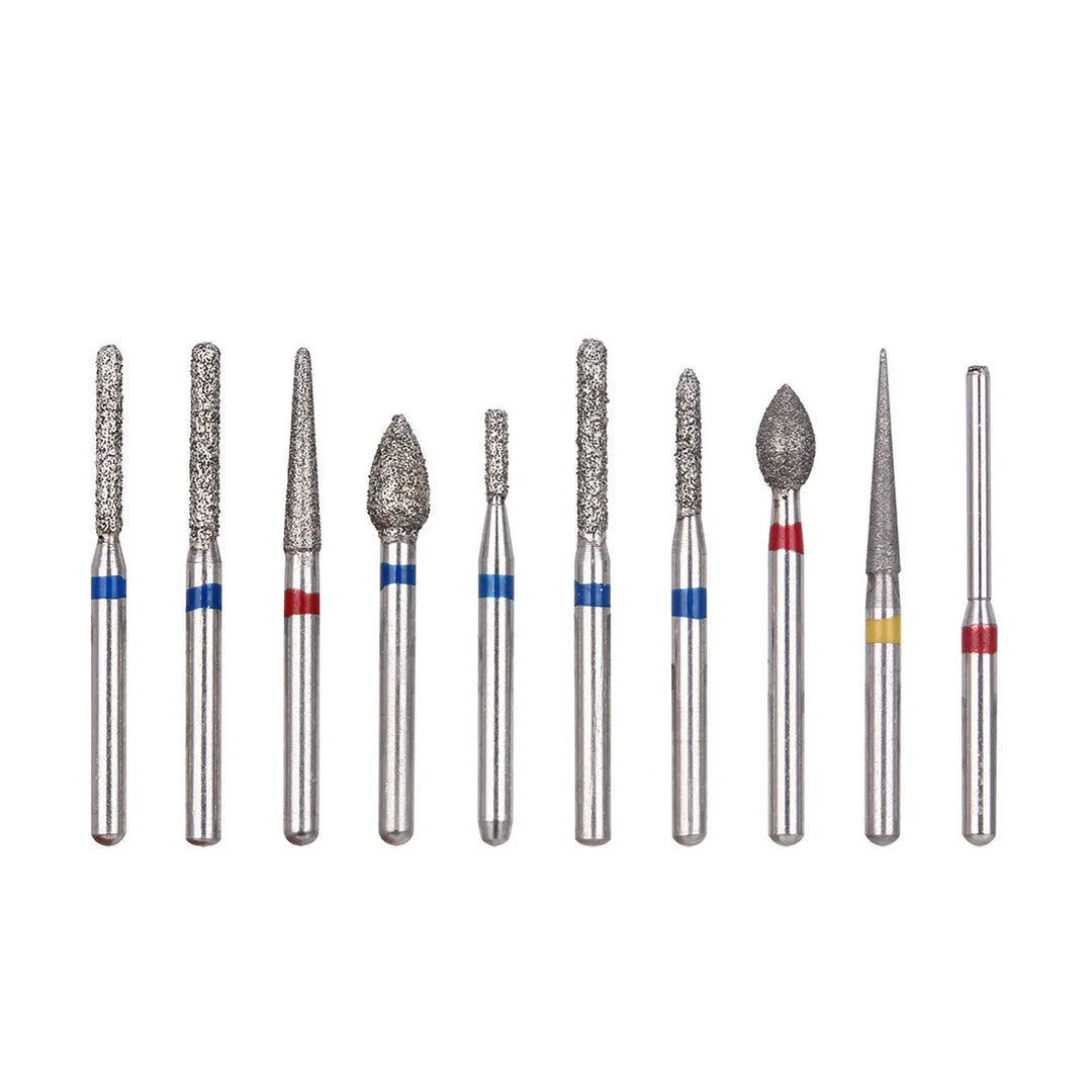 Dental Diamond Bur FG-112 Crown Preparation Anterior Teeth Kit featuring 10 diamond-coated dental burs with various shapes and sizes, including cylindrical, tapered, and rounded tips, arranged in a row with color-coded bands on their metal shanks for easy identification.