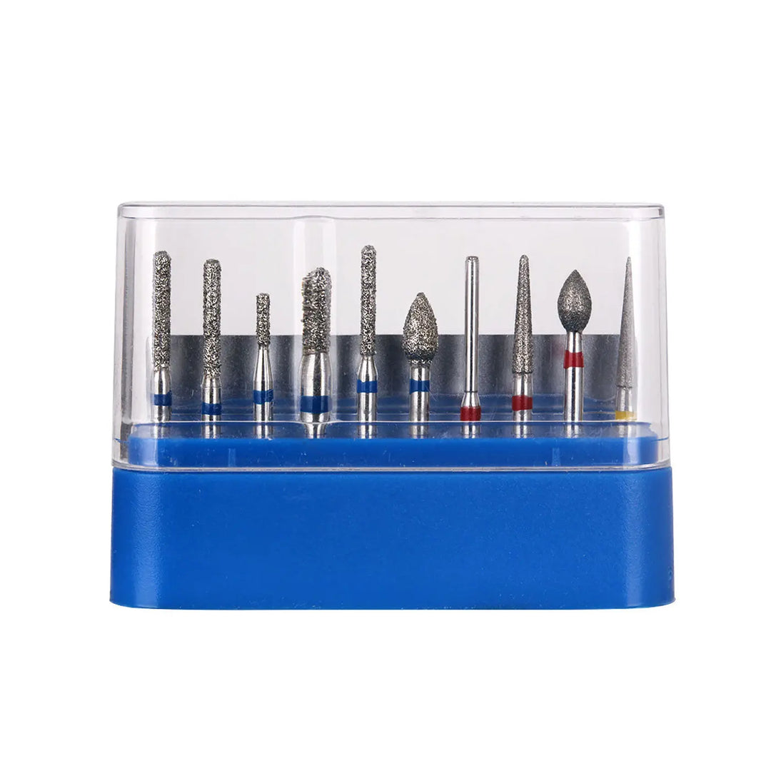 Dental Diamond Bur FG-112 Crown Preparation Anterior Teeth Kit 10pcs/Kit with various bur shapes and sizes in a blue plastic stand, showcasing diamond-coated dental instruments for precise tooth preparation and finishing