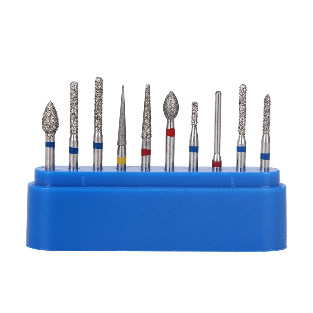 Dental Diamond Bur FG-112 Crown Preparation Anterior Teeth Kit 10pcs/Kit displayed in a blue plastic holder, showing various diamond-tipped bur shapes and sizes with color-coded bands for dental procedures