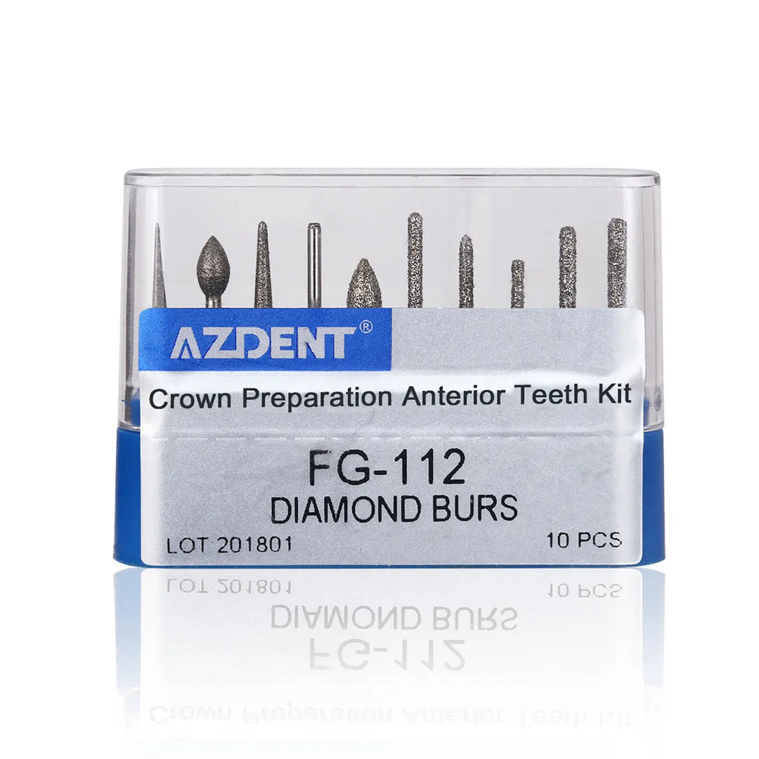 Dental Diamond Bur FG-112 Crown Preparation Anterior Teeth Kit 10pcs/Kit in clear plastic case, displaying assorted diamond-tipped dental burs for crown preparation, labeled with product details and AZDENT brand name