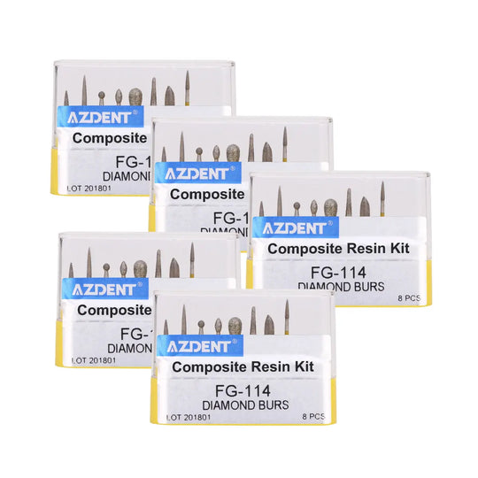 Dental Diamond Bur FG-114 Composite Resin Kit 8pcs/Kit: Multiple white boxes of AZDENT brand dental diamond burs for composite resin preparation, showcasing product packaging with blue and yellow labels and silhouettes of various bur shapes