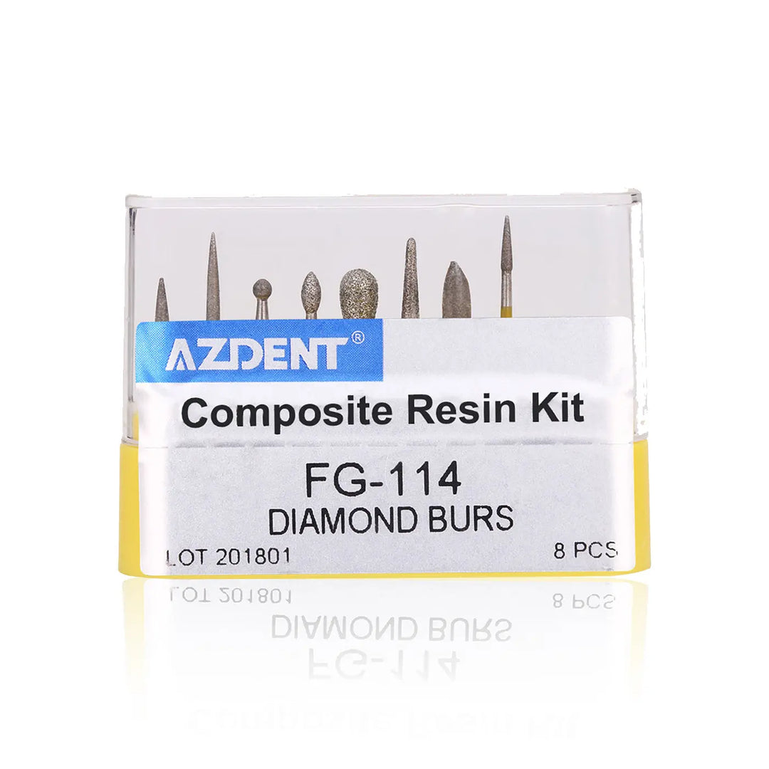 Dental Diamond Bur FG-114 Composite Resin Kit 8pcs/Kit displayed in clear packaging. Various shaped dental burs visible, including round, pointed, and cylindrical types. Product label shows AZDENT brand and FG-114 model number.