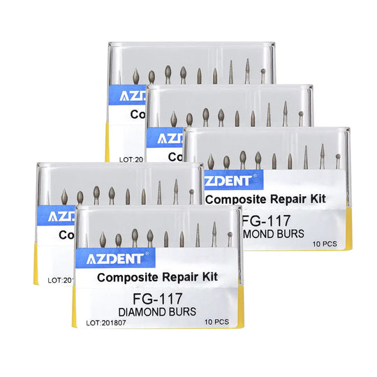 Dental Diamond Bur FG-117 Composite Repair Kit 10pcs/Kit displayed in five transparent plastic cases, each containing ten assorted diamond burs for dental procedures. Cases are labeled with product details and AZDENT branding.