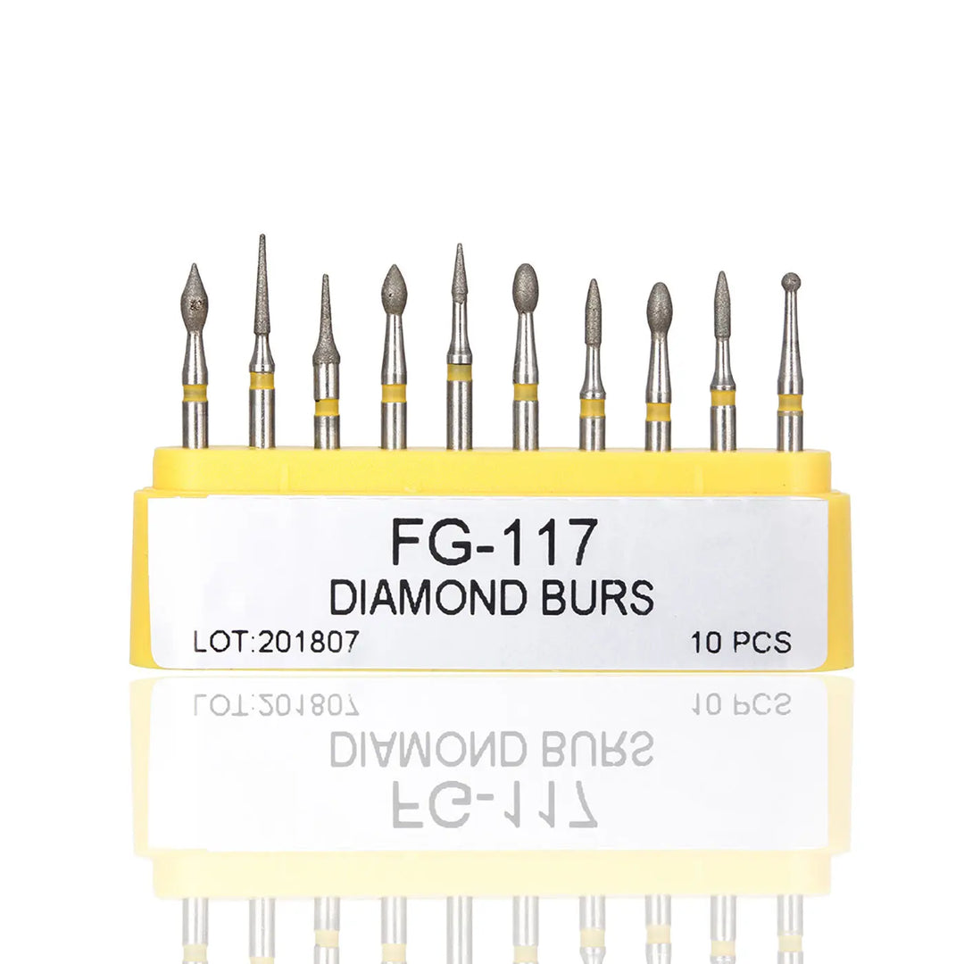 Dental Diamond Bur FG-117 Composite Repair Kit 10pcs/Kit featuring a set of 10 precision diamond burs with various tips, arranged in a yellow storage box labeled FG-117 Diamond Burs, for dental composite repair procedures