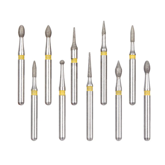 Dental Diamond Bur FG-117 Composite Repair Kit featuring 10 silver dental burs with various tip shapes and yellow bands, arranged in a row against a white background.