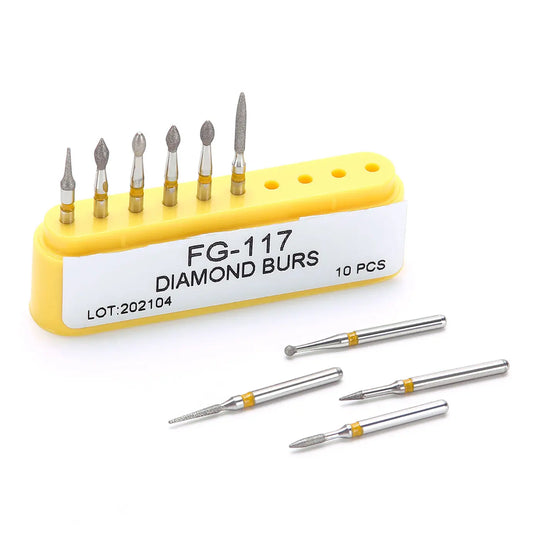 Dental Diamond Bur FG-117 Composite Repair Kit 10pcs/Kit displayed in yellow holder with various bur sizes and shapes. Four loose burs shown below, demonstrating diamond-coated tips and metal shafts with gold bands.