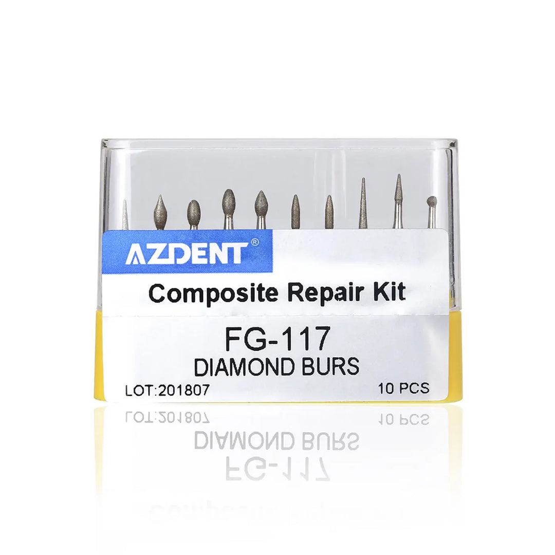 Dental Diamond Bur FG-117 Composite Repair Kit 10pcs/Kit displayed in clear plastic case. Various shaped diamond burs visible, including round, flame, and cylindrical tips. AZDENT brand label and product details visible on case.