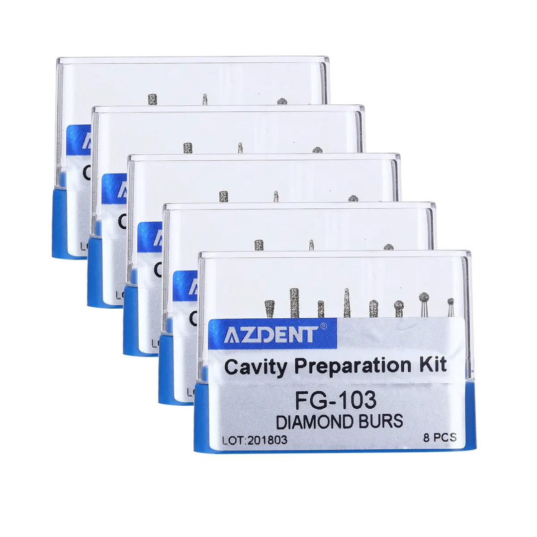 Dental Diamond Bur FG-103 Cavity Preparation Kit 8pcs/Kit: Five white plastic cases with blue labels displaying AZDENT brand, model FG-103, and containing 8 diamond burs each for dental cavity preparation procedures.