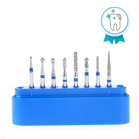 Dental Diamond Bur FG-103 Cavity Preparation Kit 8pcs/Kit: Set of 8 diamond-tipped dental burs in various shapes and sizes, arranged in a blue plastic holder, with a dental health icon above