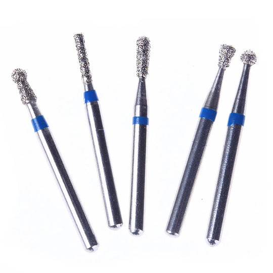 Dental Diamond Bur FG-103 Cavity Preparation Kit 8pcs/Kit: Five silver dental burs with diamond-coated tips and blue bands, arranged in a row on a white background. Professional dental tools for cavity preparation and polishing.