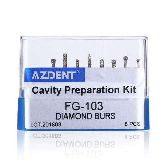 Dental Diamond Bur FG-103 Cavity Preparation Kit 8pcs/Kit: Clear plastic case displaying 8 assorted diamond burs with various shapes and sizes, labeled AZDENT Cavity Preparation Kit FG-103 DIAMOND BURS, for dental procedures