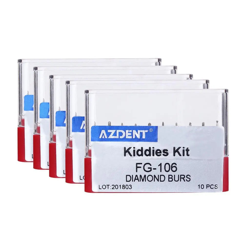 Dental Diamond Bur FG-106 Kiddies Kit 10pcs/Kit: Five white rectangular boxes with blue and red accents, labeled "AZDENT Kiddies Kit FG-106 DIAMOND BURS" containing specialized dental tools for children's dentistry, arranged in a stack.